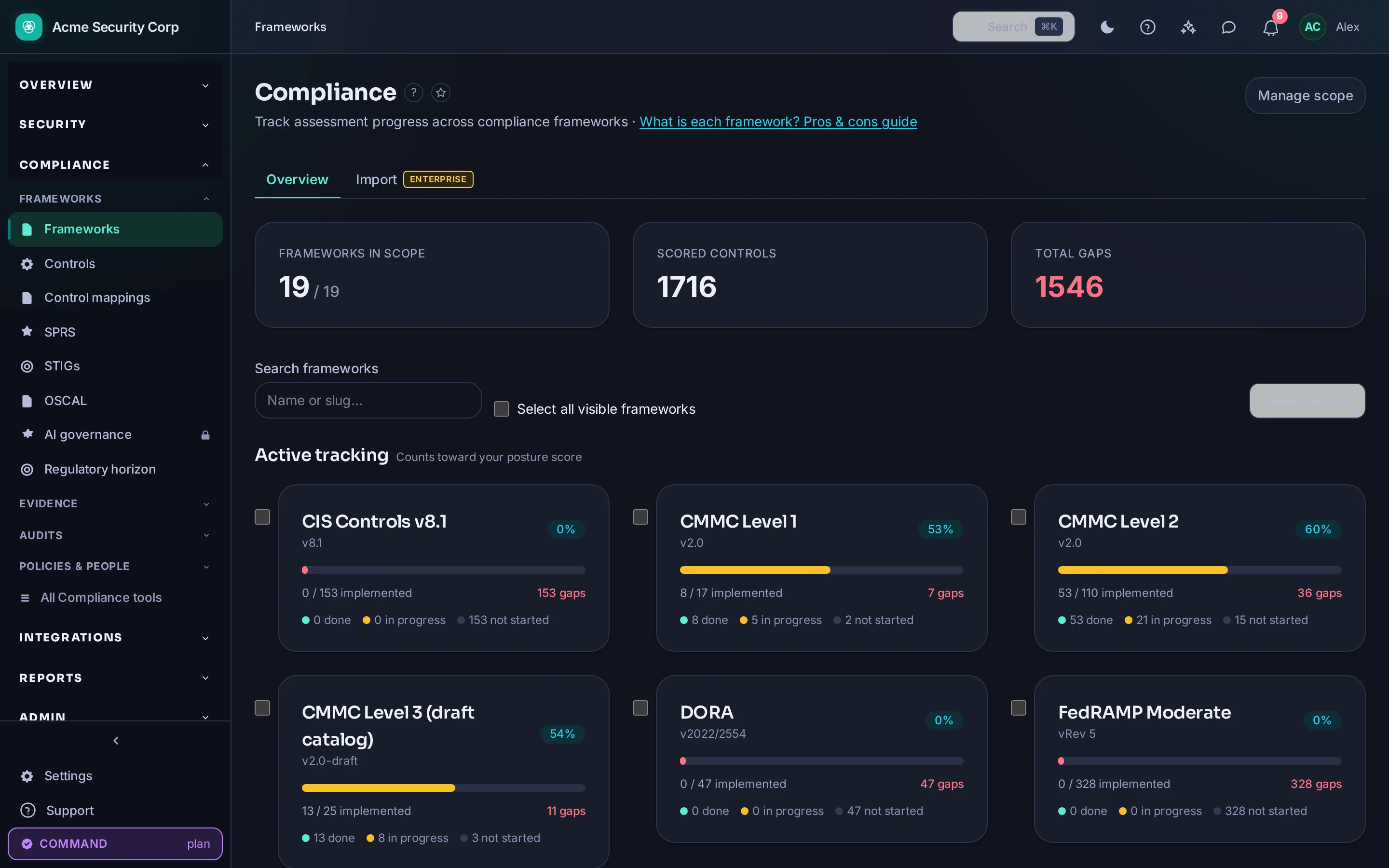 CMDash /compliance — Framework compliance with live control status.