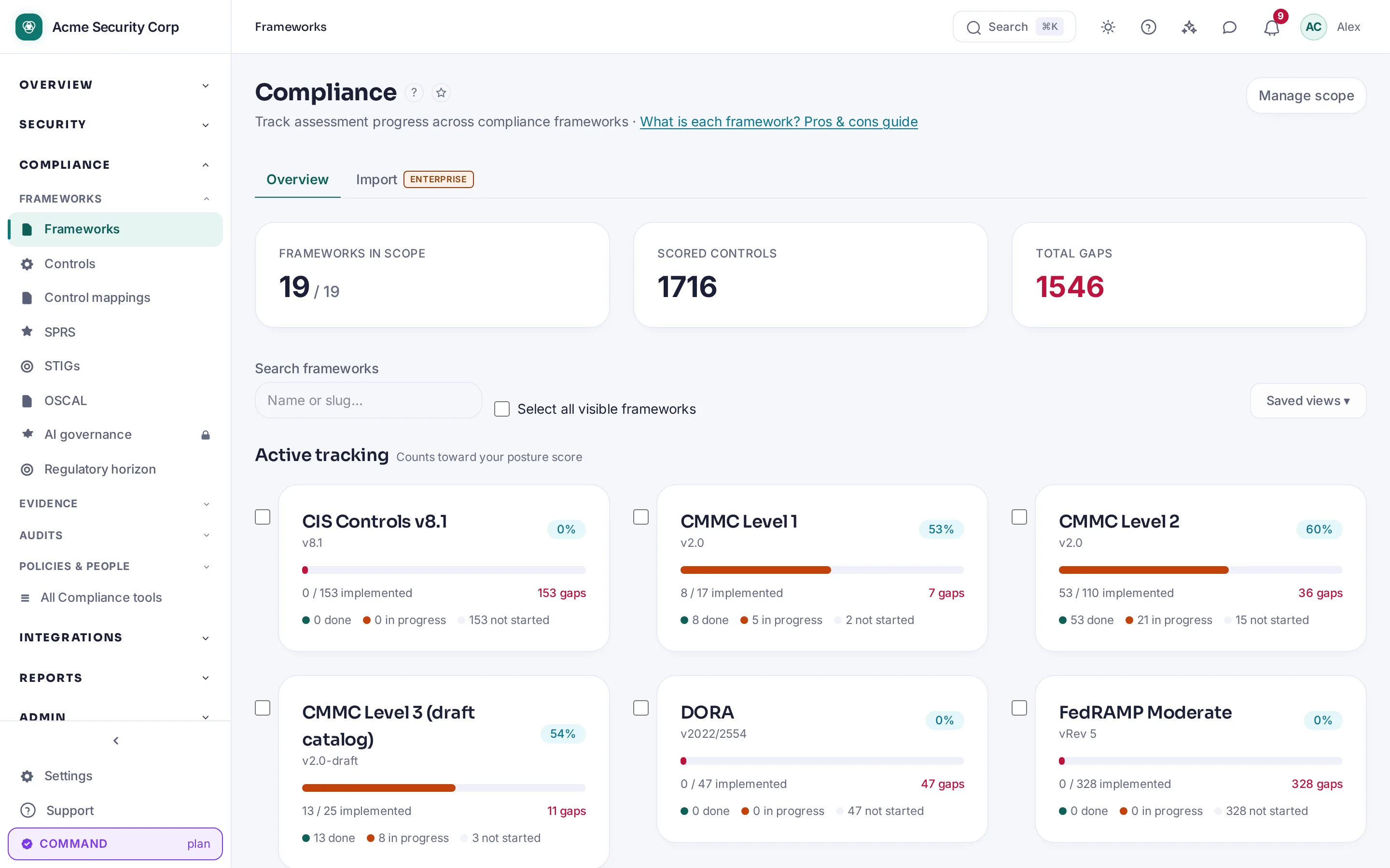 CMDash /compliance — Framework compliance with live control status.