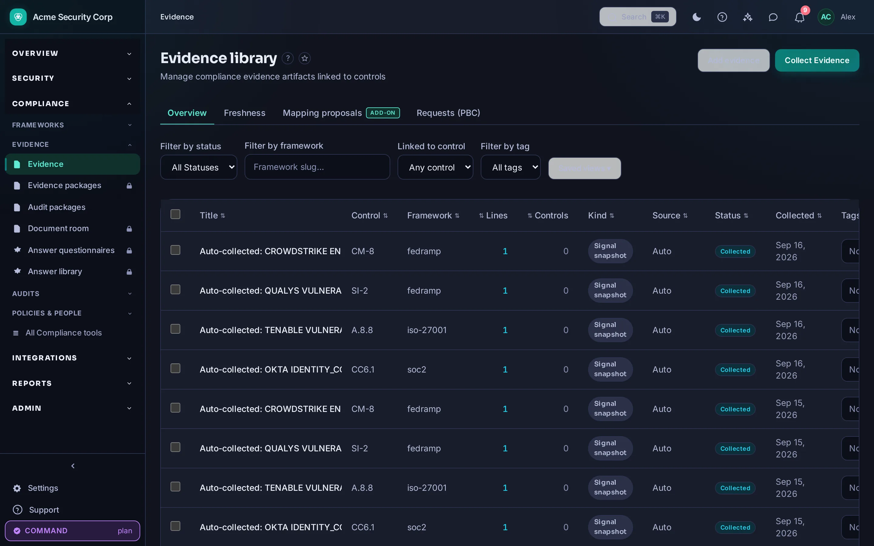 CMDash /evidence — Evidence traced back to the integration that produced it.