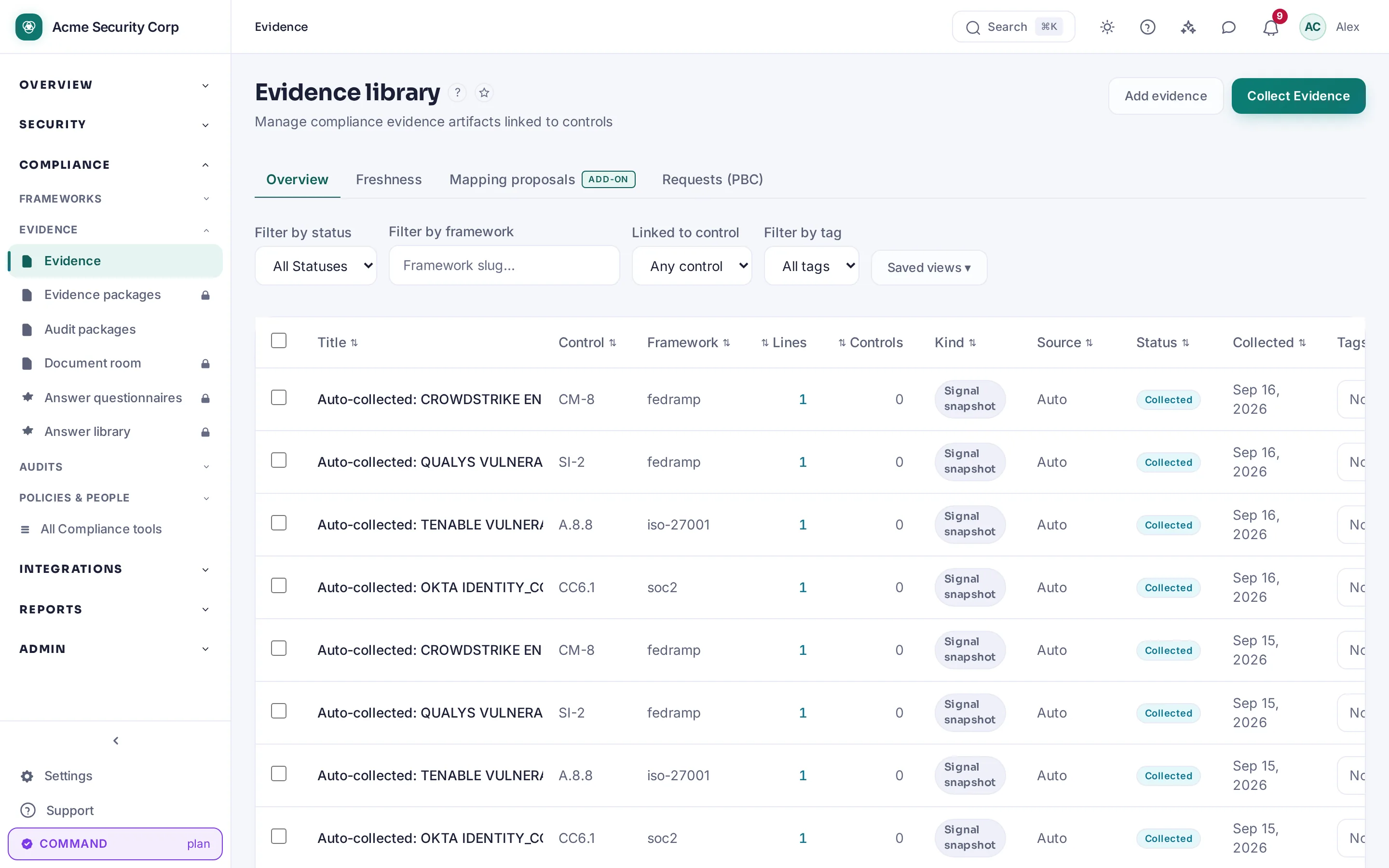 CMDash /evidence — Evidence traced back to the integration that produced it.