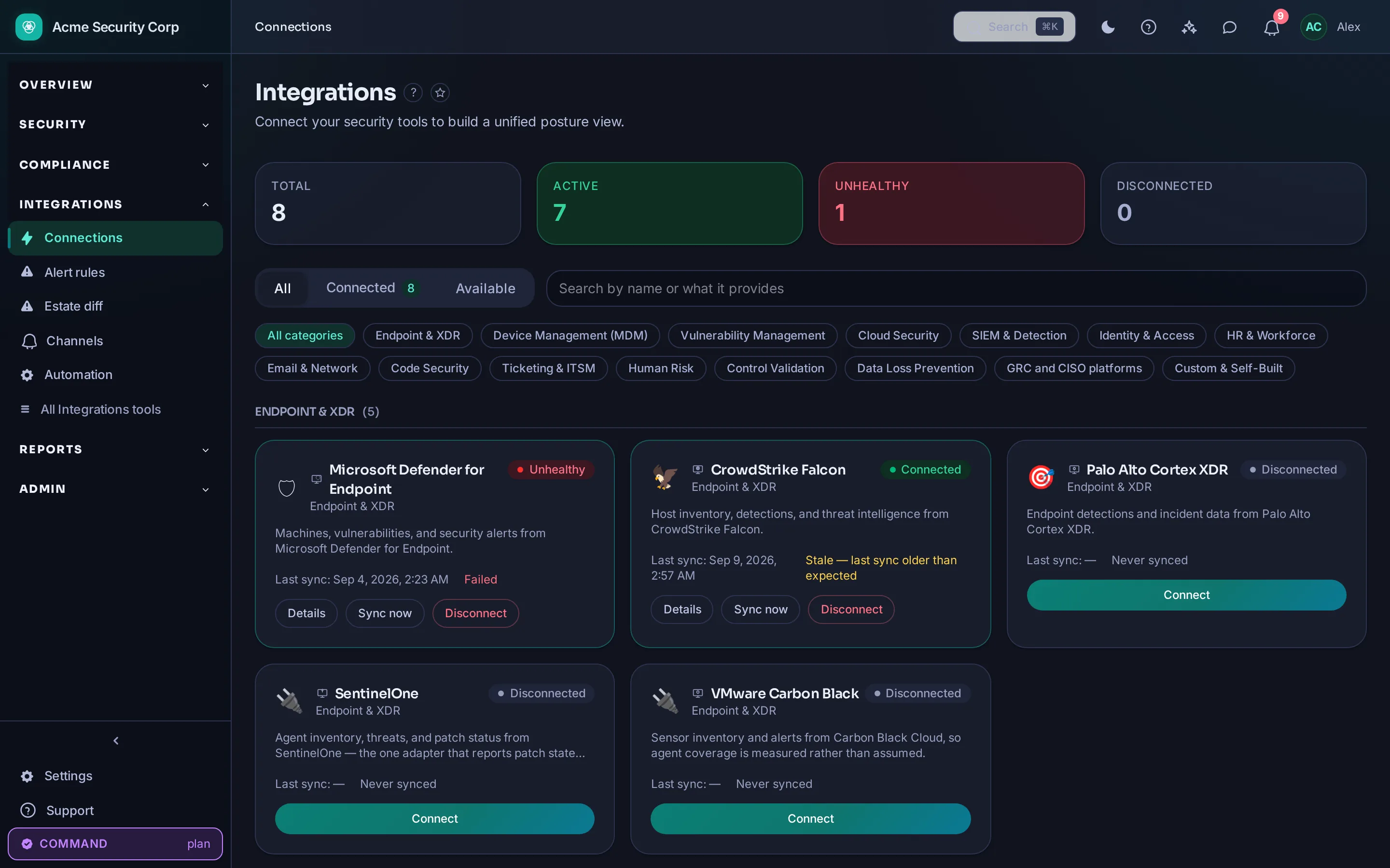 CMDash /integrations — Connected tools and their sync health.