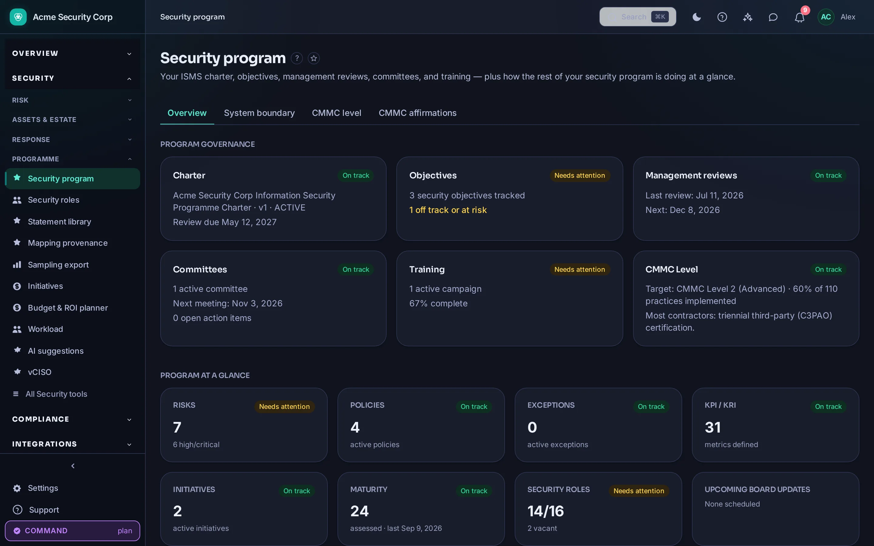CMDash /program — The security programme: charter, objectives, committees, reviews and training.