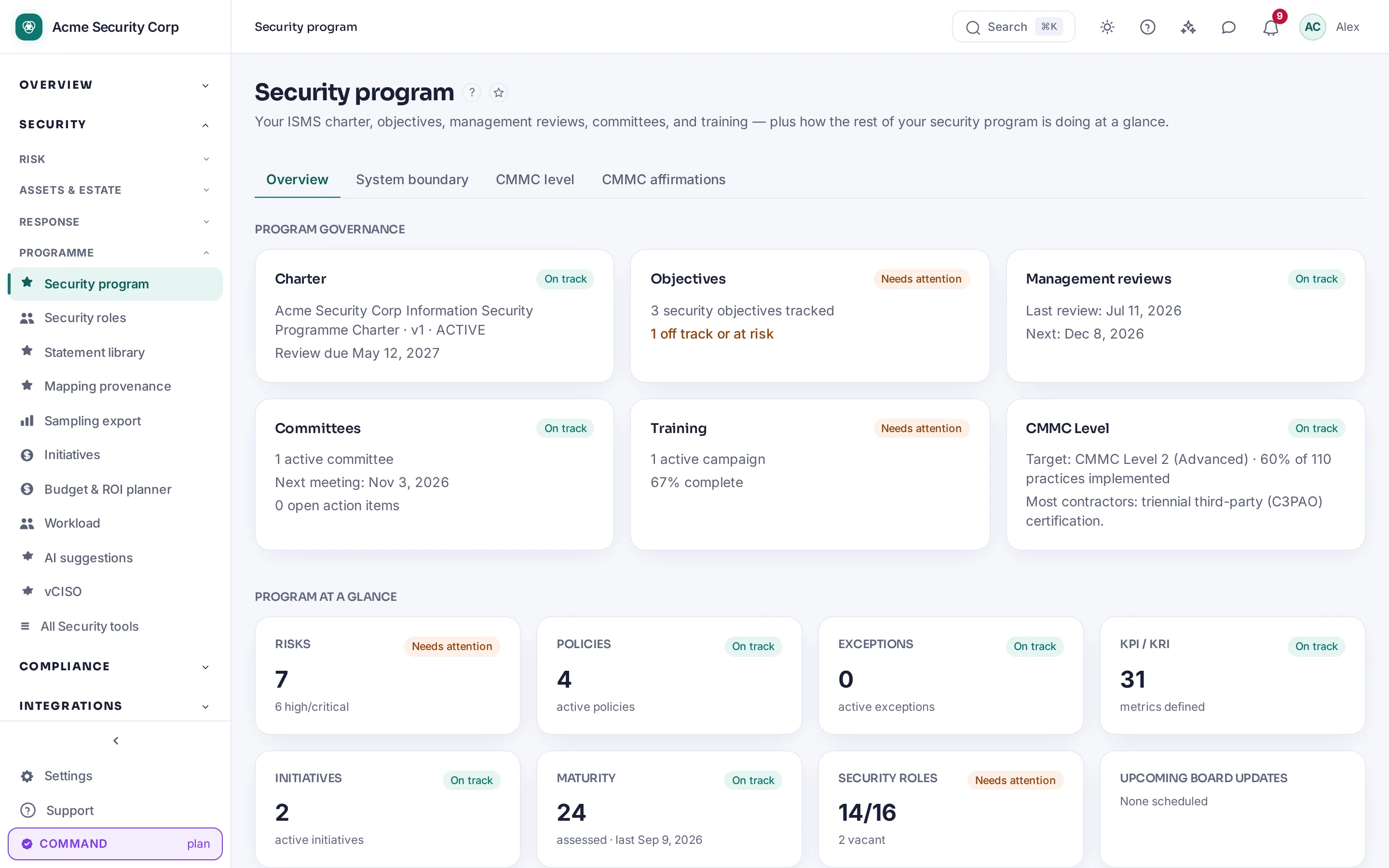CMDash /program — The security programme: charter, objectives, committees, reviews and training.