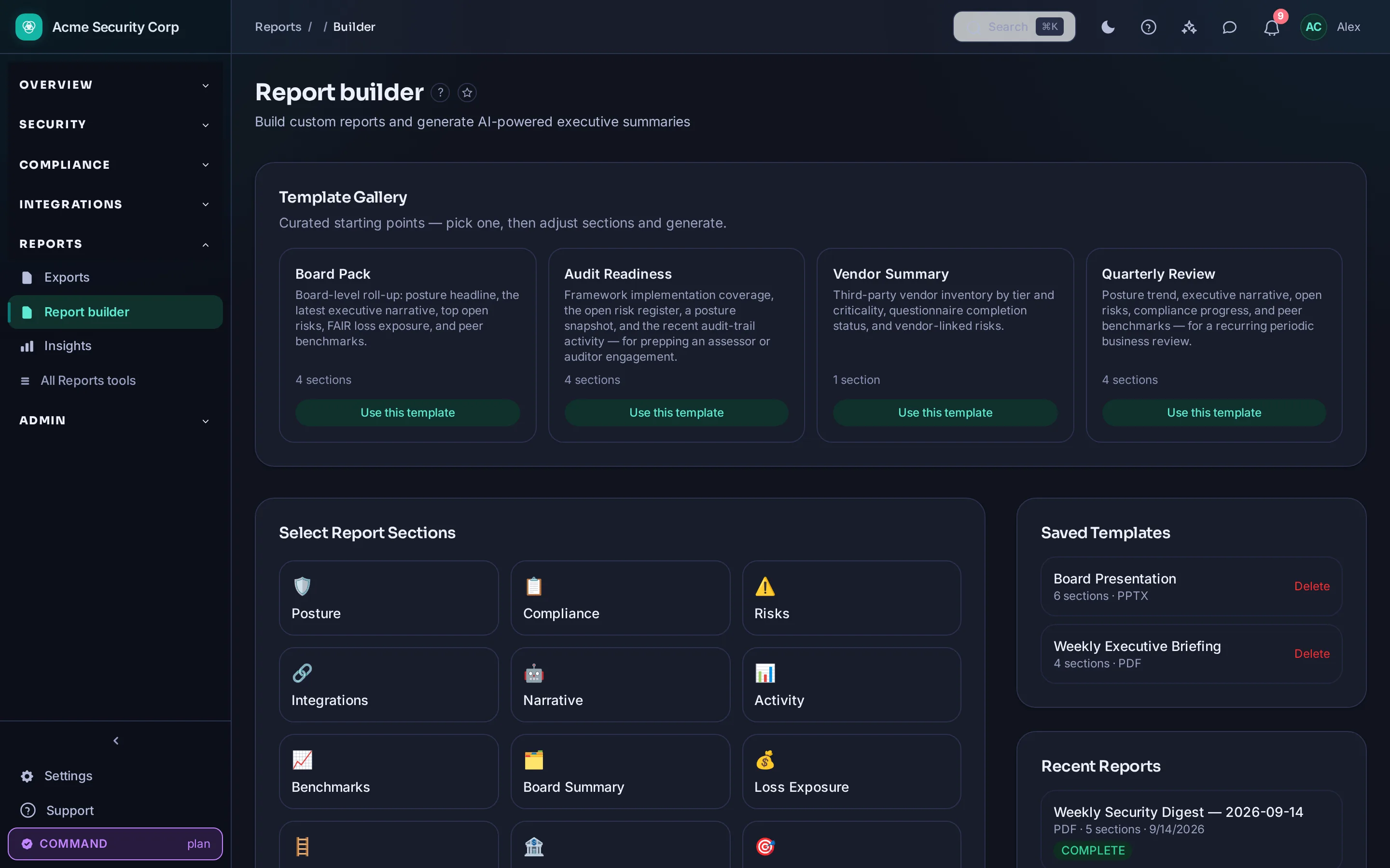 CMDash /reports/builder — The report builder: board-ready output assembled from live data.