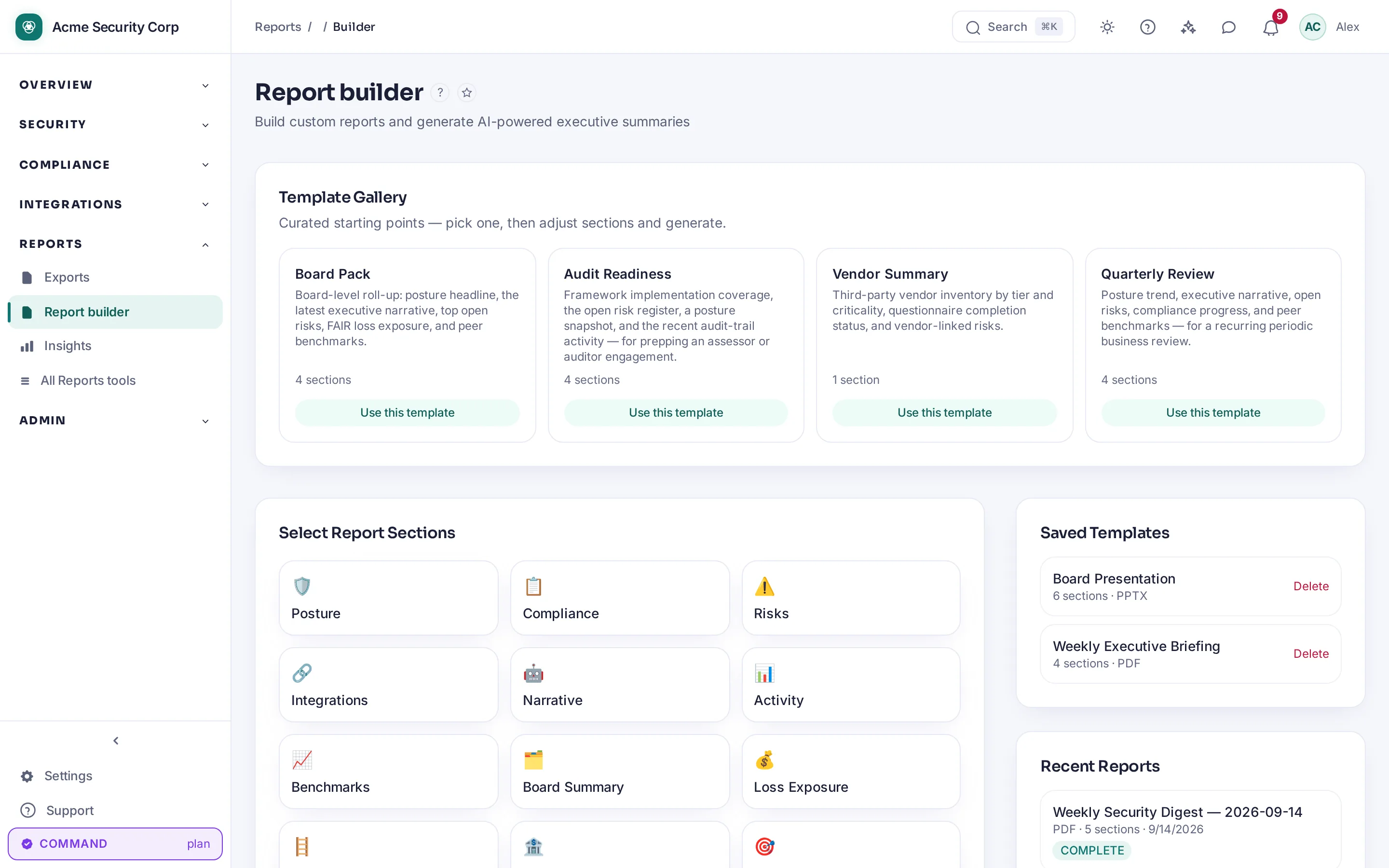 CMDash /reports/builder — The report builder: board-ready output assembled from live data.